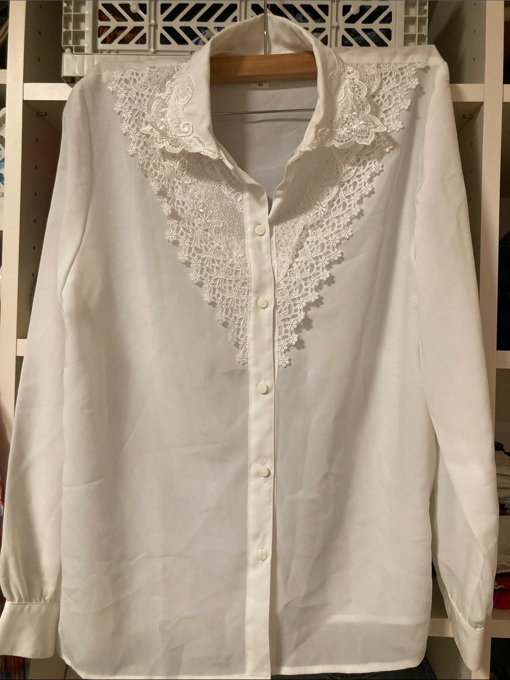 Vintage White Lace-Trim Button Down Blouse